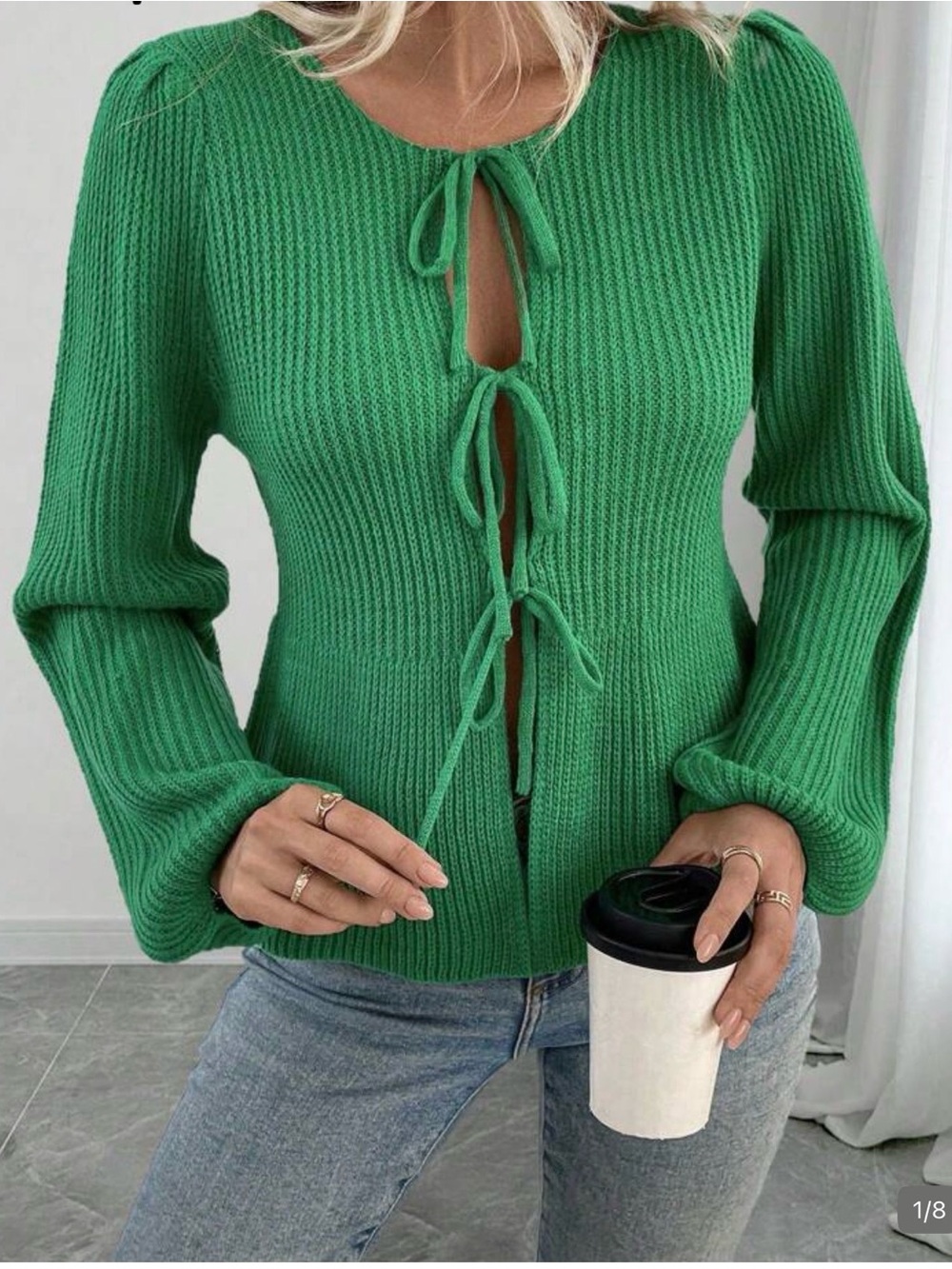 Green Tie-Front Ribbed Sweater Top